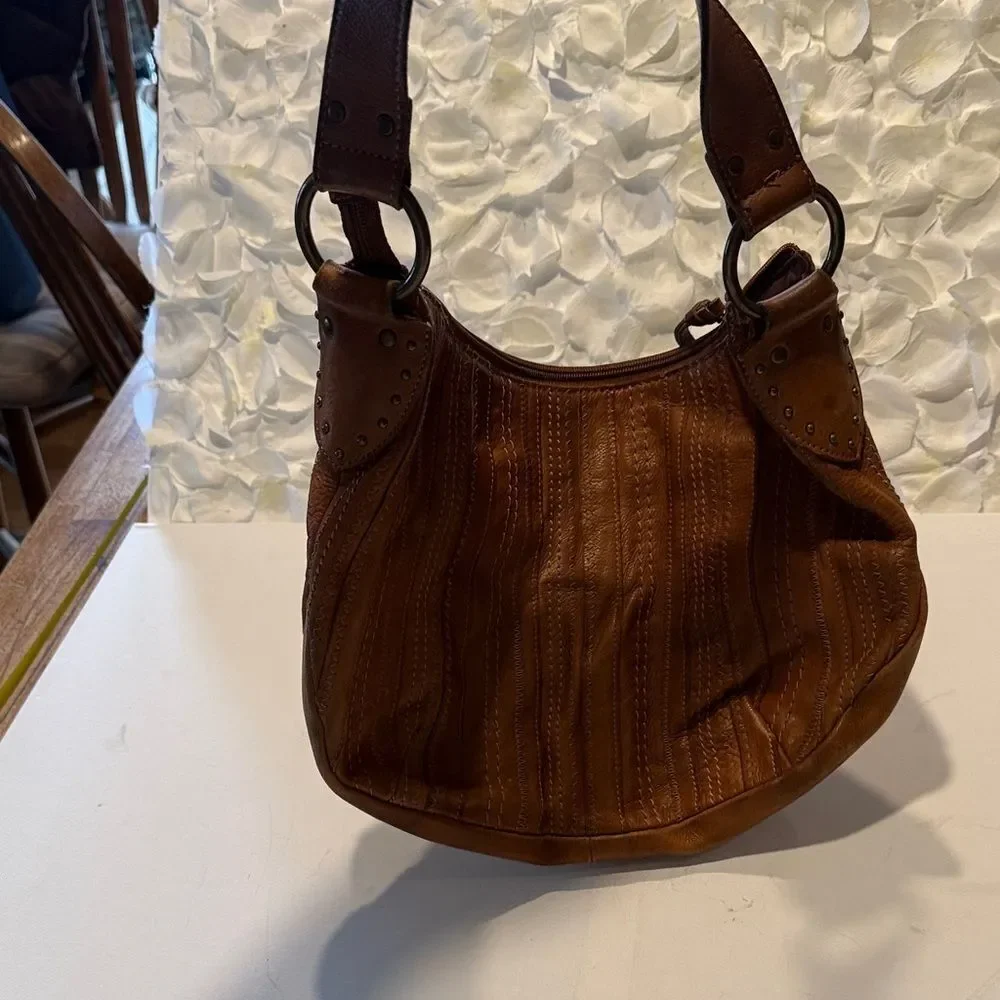 Fossil Tan Leather Hobo Bag with Eyelet Design